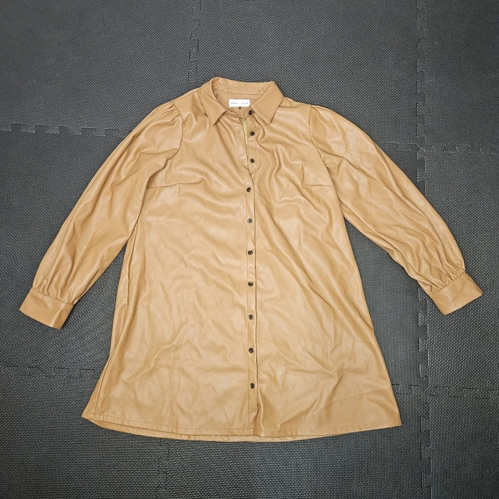 Lefties Faux Leather Tan Button Down Dress - Picture 2 of 5